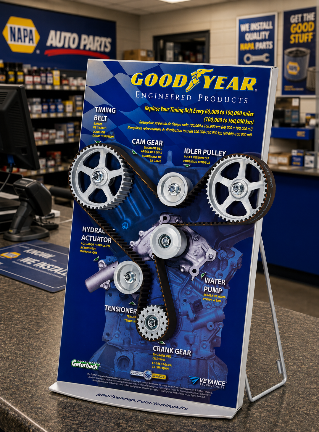 Counter display with working timing belt components
