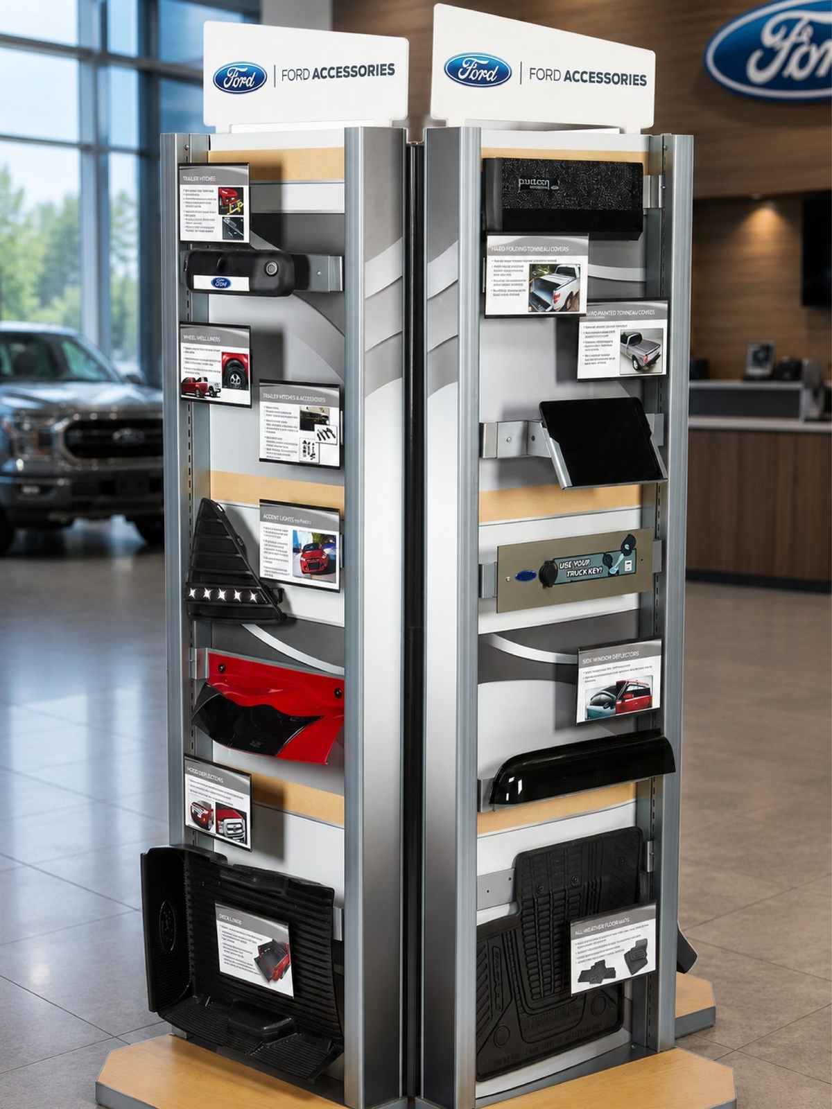 Freestanding accessories showcase tower